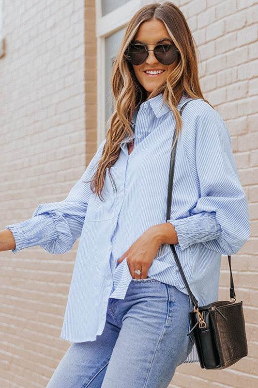 Smocked Cuffed Striped Boyfriend Shirt with Pocket