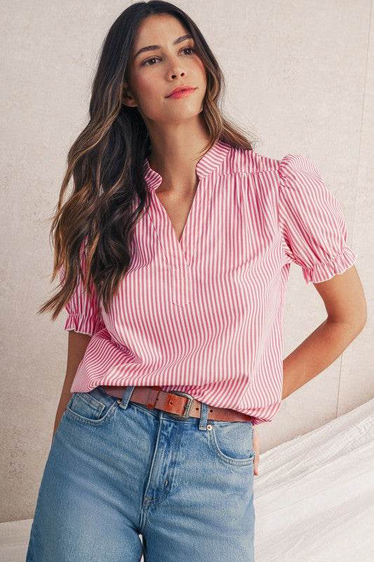 Pink Striped V Neck Puff Sleeve Blouse