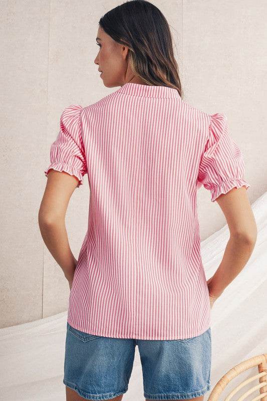 Pink Striped V Neck Puff Sleeve Blouse