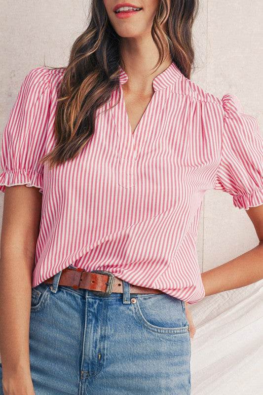 Pink Striped V Neck Puff Sleeve Blouse