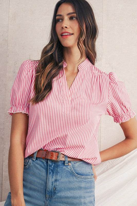Pink Striped V Neck Puff Sleeve Blouse