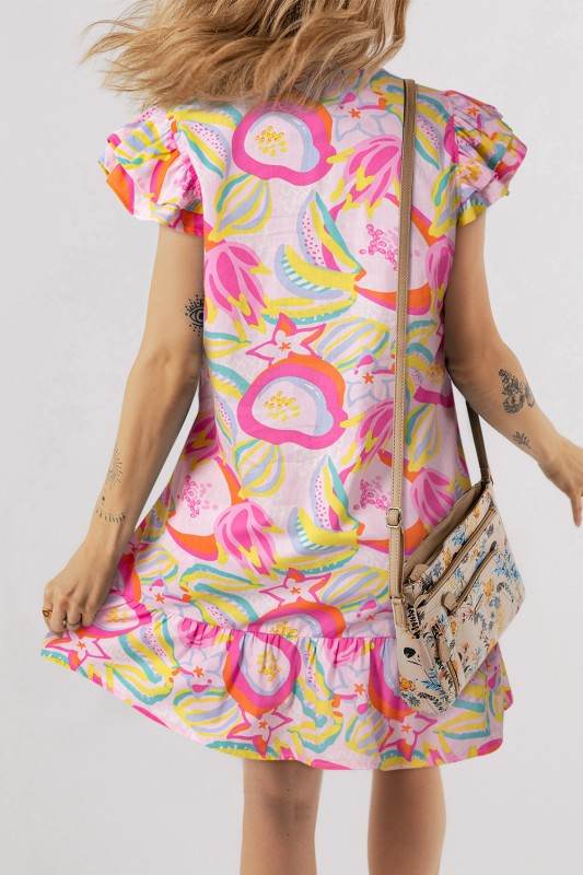 Floral Ruffle Trim Flutter Sleeve Buttoned Dress