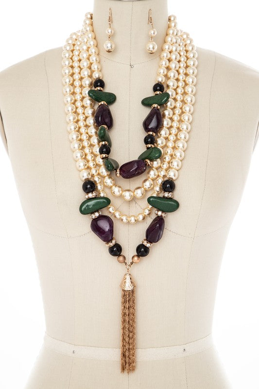 Stone & Chain Tassel Layer Pearl Necklace Set
