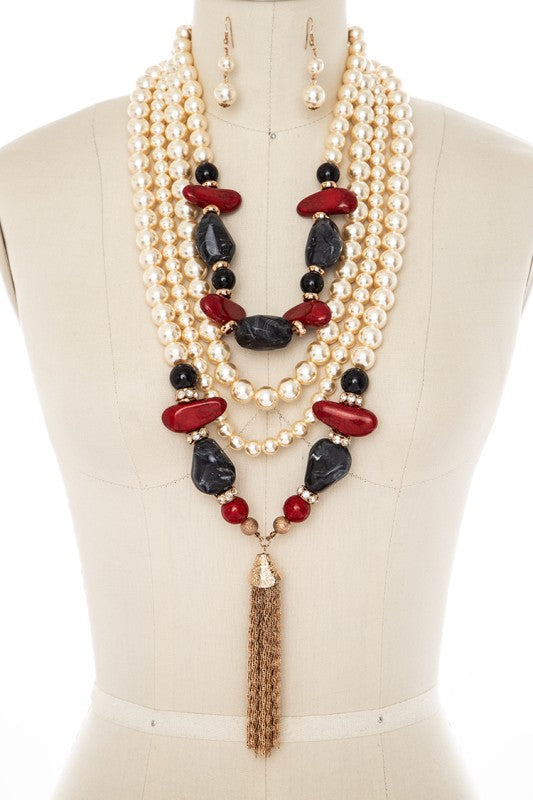 Stone & Chain Tassel Layer Pearl Necklace Set