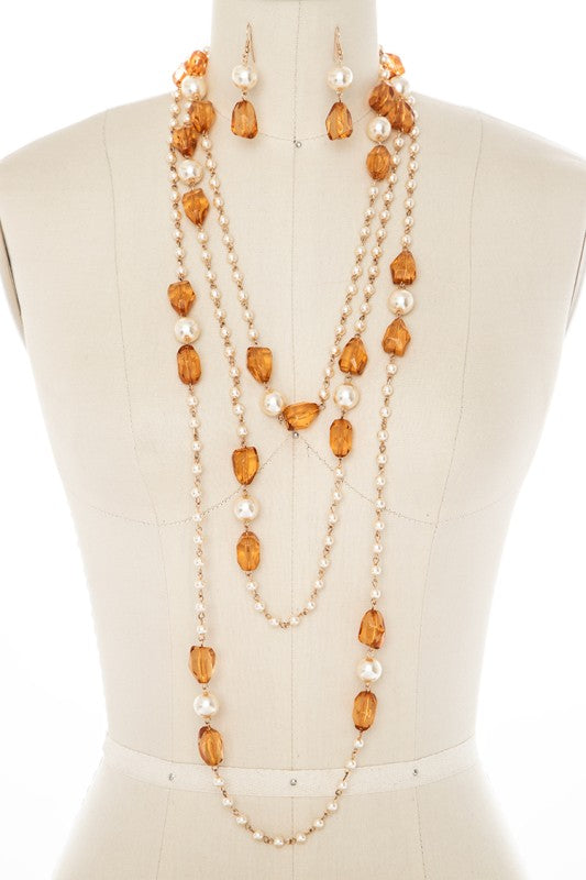 Resin Stone  Pearl Extra Long Necklace Set