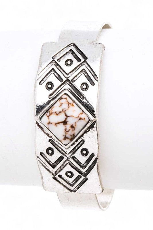 Engraved Aztec Stone Open Bangle