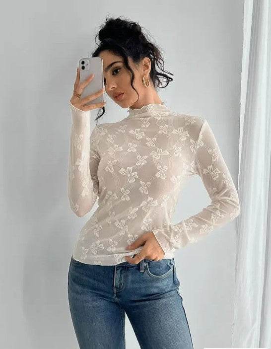 Mesh bow printed long sleeve top