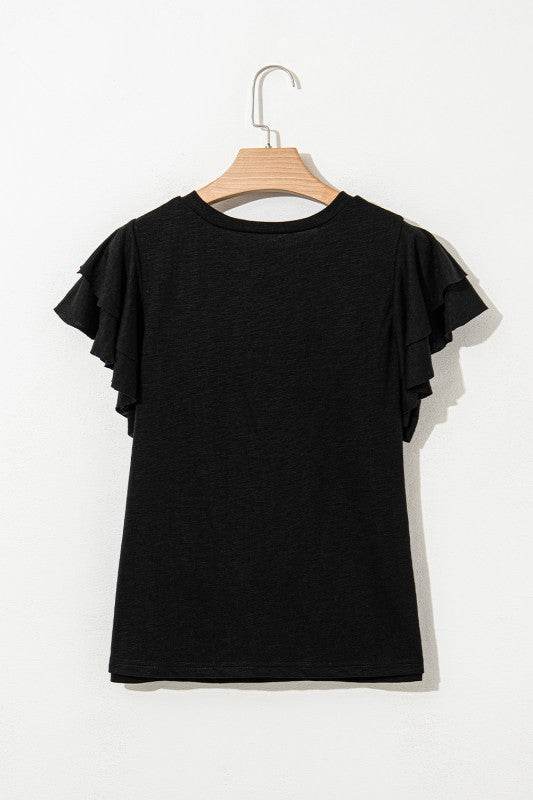 Cotton White Black Ruffle Sleeve Plain Blouse