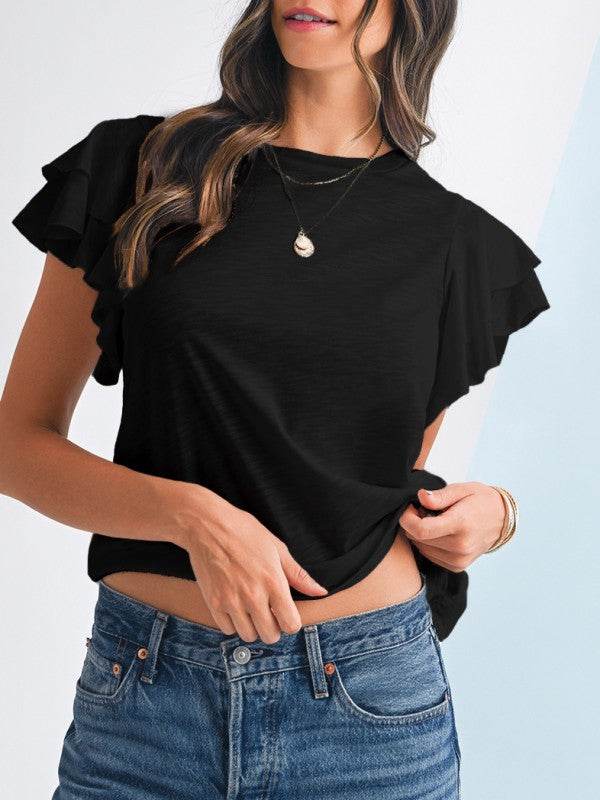 Cotton White Black Ruffle Sleeve Plain Blouse