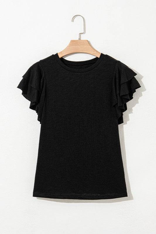 Cotton White Black Ruffle Sleeve Plain Blouse