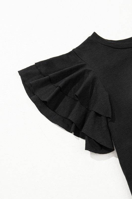 Cotton White Black Ruffle Sleeve Plain Blouse