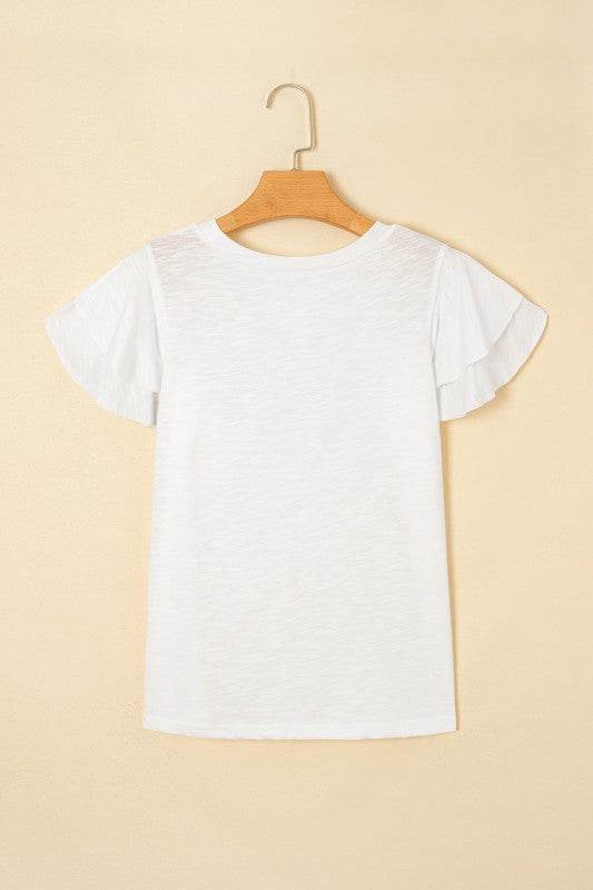 Cotton White Black Ruffle Sleeve Plain Blouse