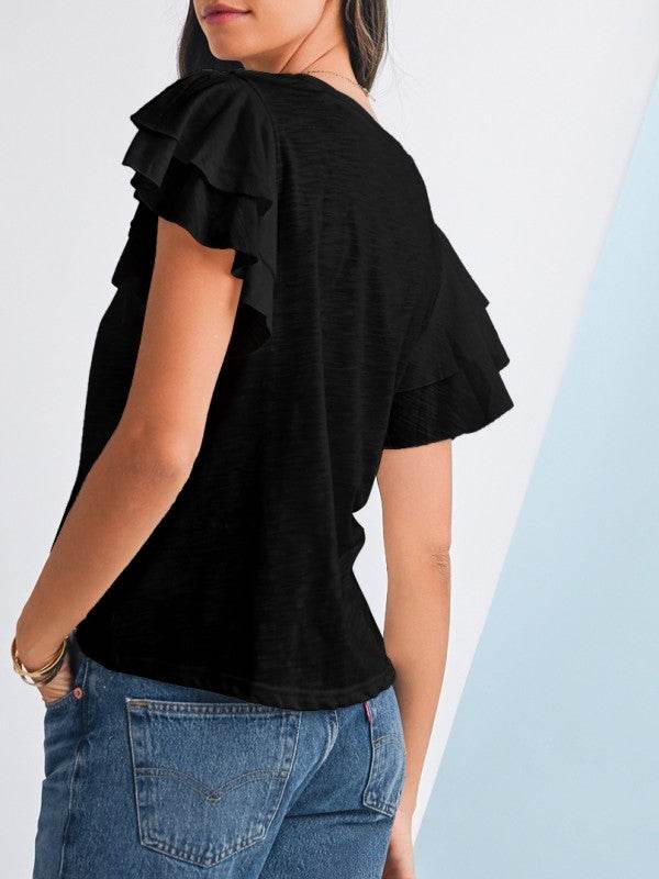 Cotton White Black Ruffle Sleeve Plain Blouse