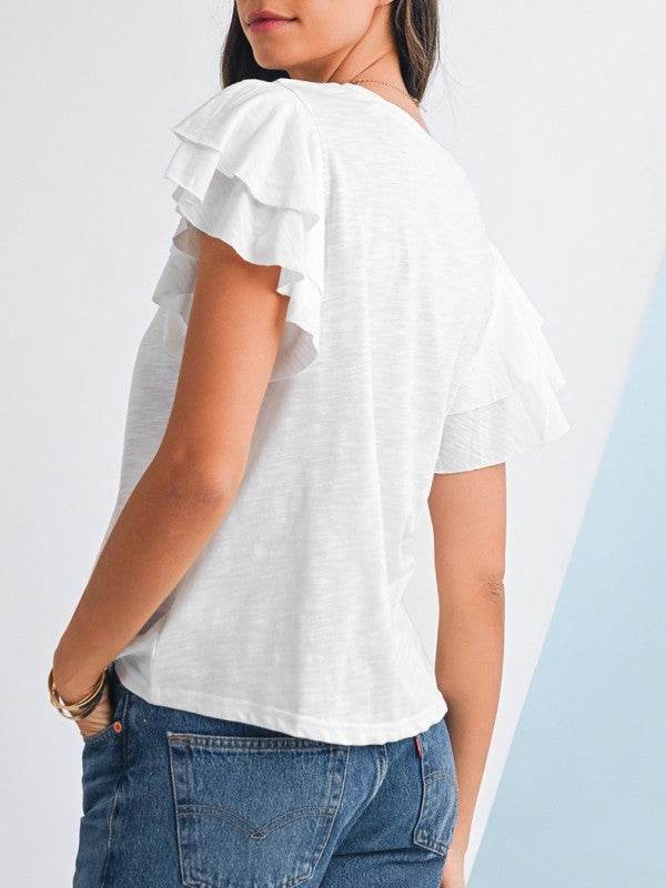 Cotton White Black Ruffle Sleeve Plain Blouse