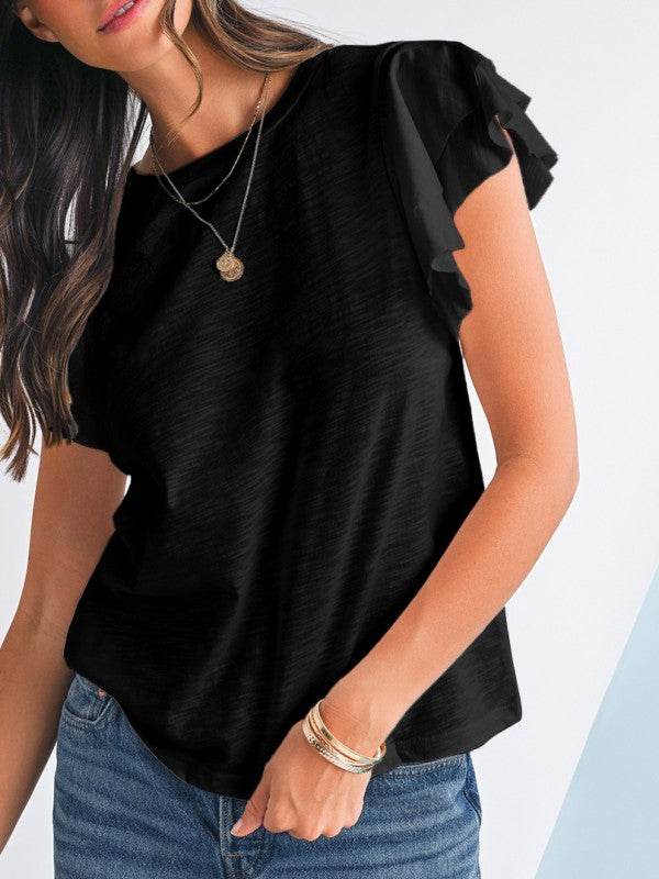 Cotton White Black Ruffle Sleeve Plain Blouse