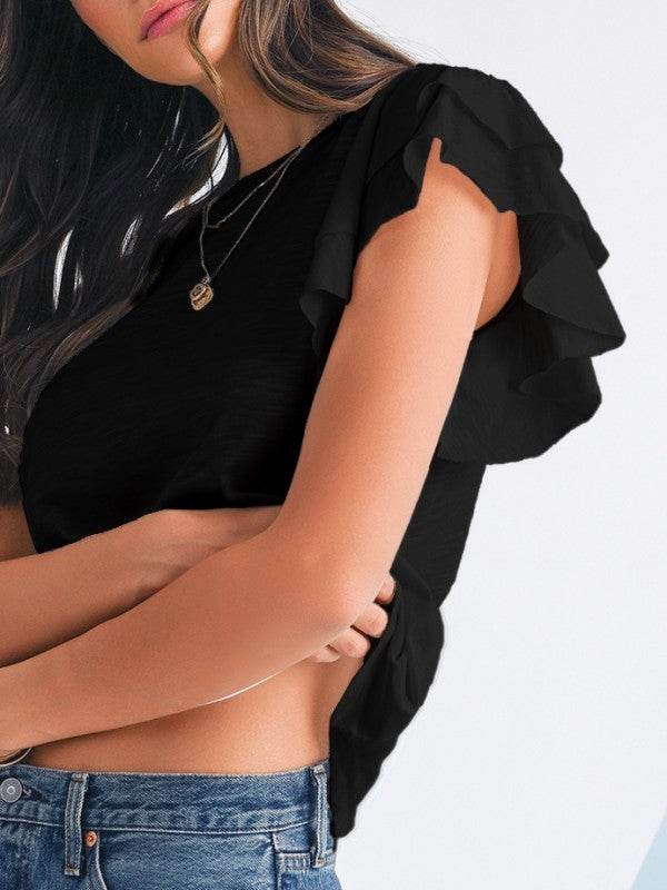 Cotton White Black Ruffle Sleeve Plain Blouse