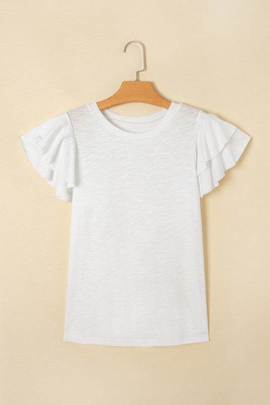 Cotton White Black Ruffle Sleeve Plain Blouse