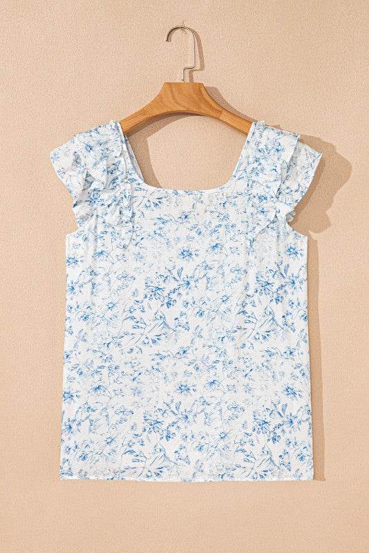 Ribbon Back Blue Floral Viscose Blouse