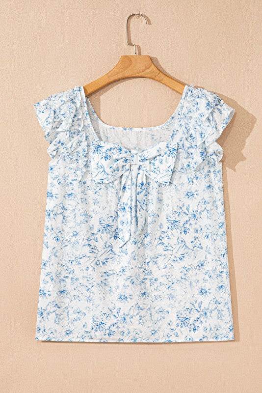 Ribbon Back Blue Floral Viscose Blouse