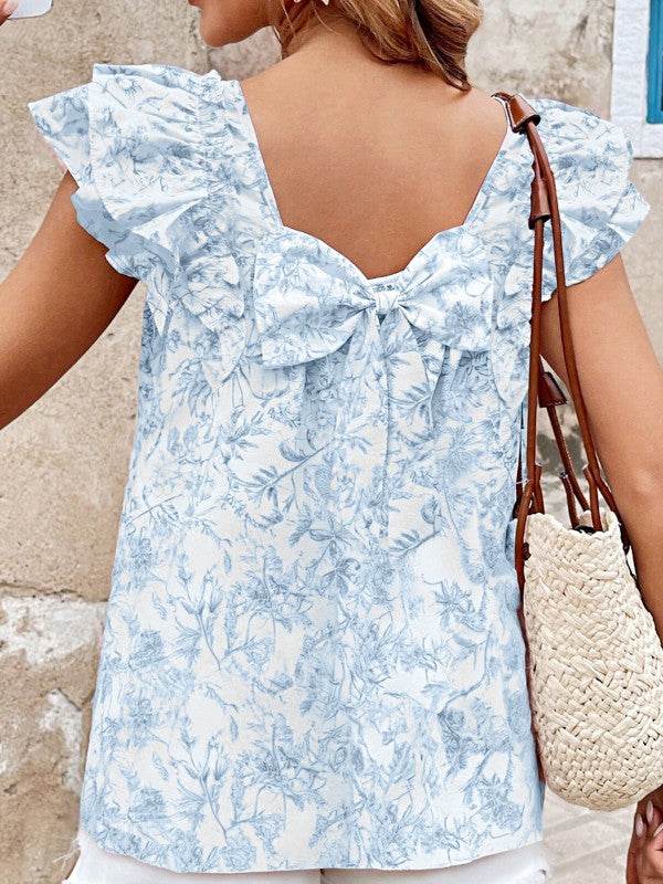 Ribbon Back Blue Floral Viscose Blouse