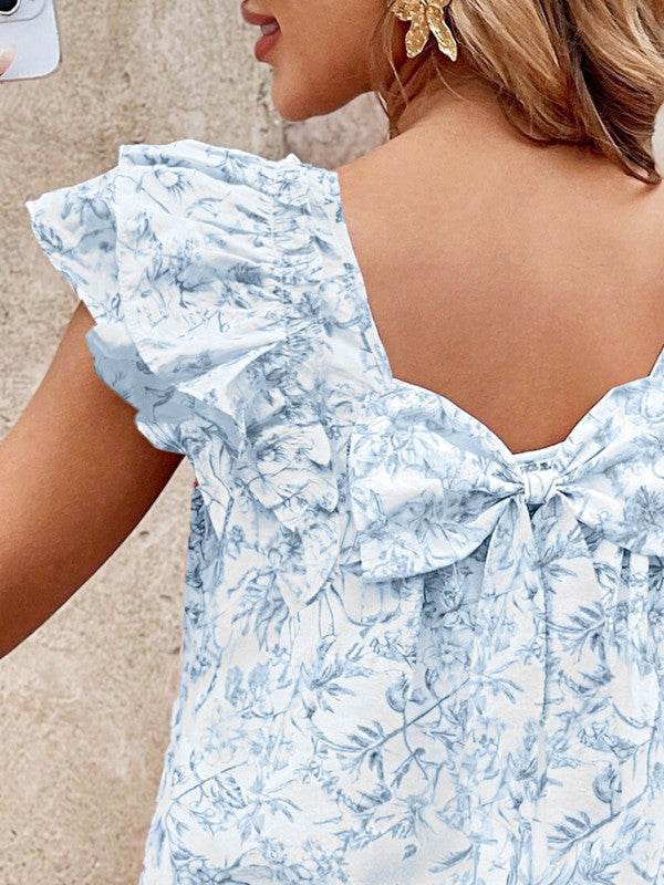 Ribbon Back Blue Floral Viscose Blouse