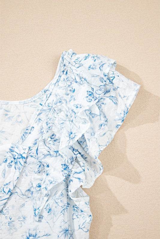Ribbon Back Blue Floral Viscose Blouse