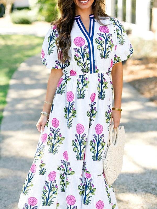 Blue Floral Ruffle Hem Pop of Color Neckline Dress
