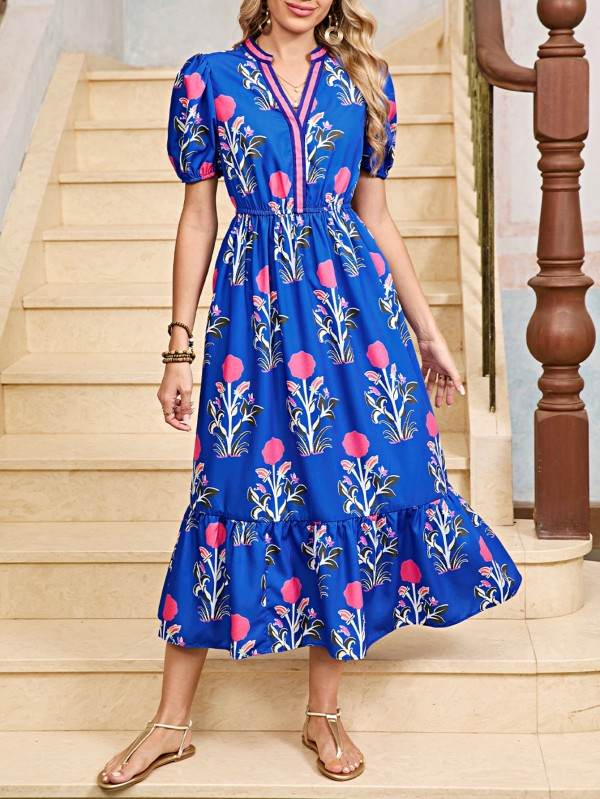 Blue Floral Ruffle Hem Pop of Color Neckline Dress