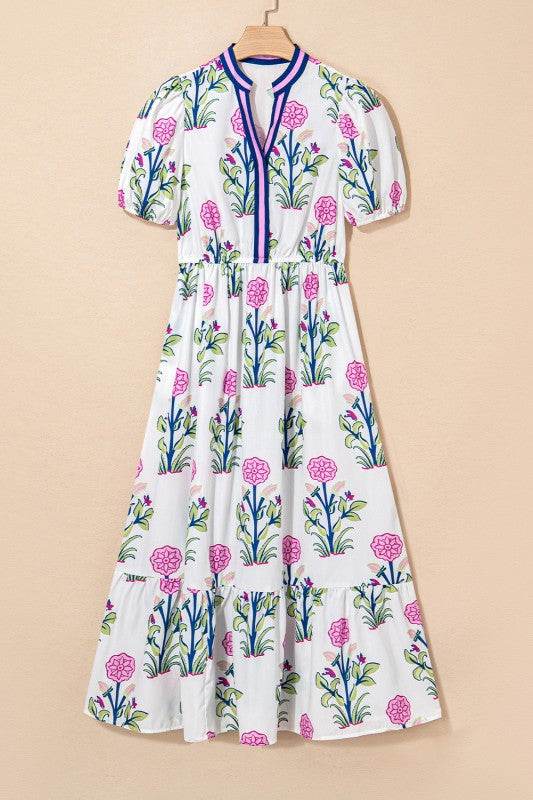 Blue Floral Ruffle Hem Pop of Color Neckline Dress