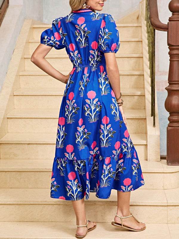 Blue Floral Ruffle Hem Pop of Color Neckline Dress