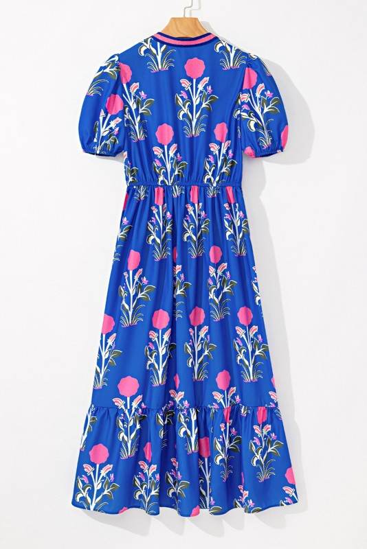 Blue Floral Ruffle Hem Pop of Color Neckline Dress