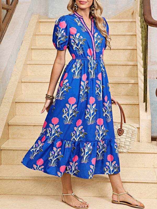 Blue Floral Ruffle Hem Pop of Color Neckline Dress