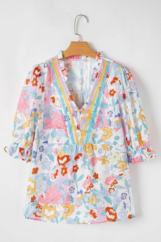 Boho Flower Print Frill Neck Puff Sleeve Blouse