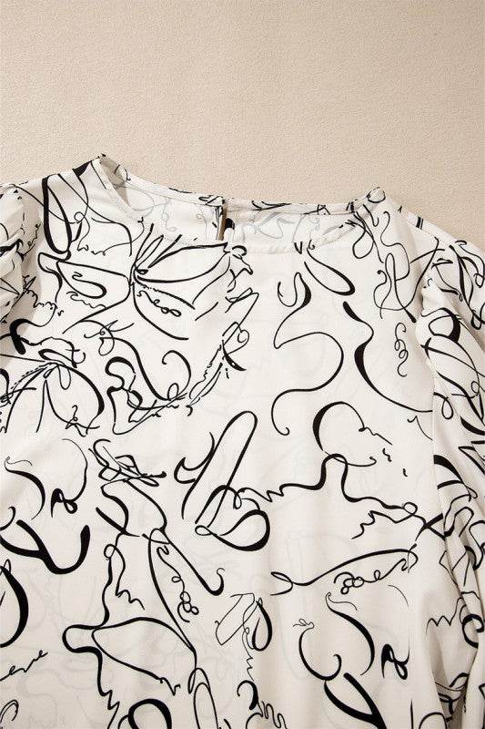 Abstract Print Balloon Sleeve Crew Neck Blouse