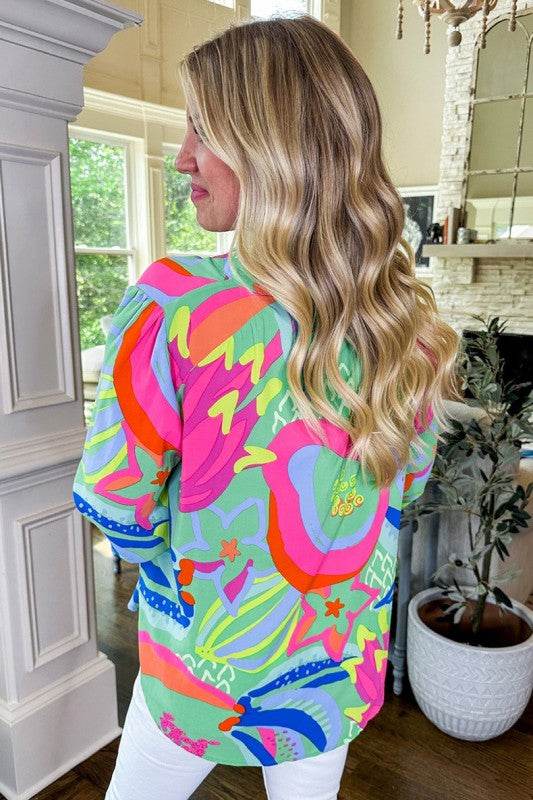 Abstract Print Ruffled Sleeve Buttoned Blouse