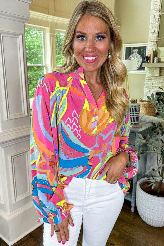 Abstract Print Ruffled Sleeve Buttoned Blouse
