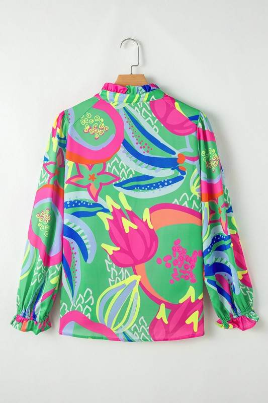 Abstract Print Ruffled Sleeve Buttoned Blouse