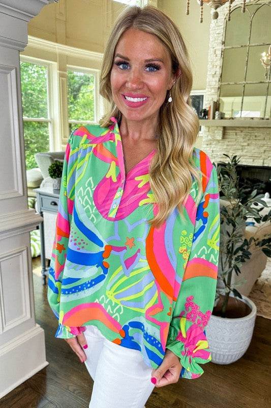 Abstract Print Ruffled Sleeve Buttoned Blouse