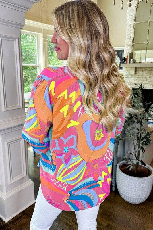 Abstract Print Ruffled Sleeve Buttoned Blouse