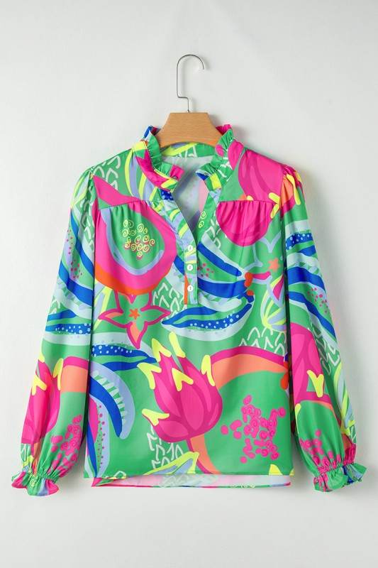 Abstract Print Ruffled Sleeve Buttoned Blouse