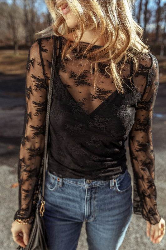 Lace Mesh Crochet Splicing Slim Long Sleeve Blouse