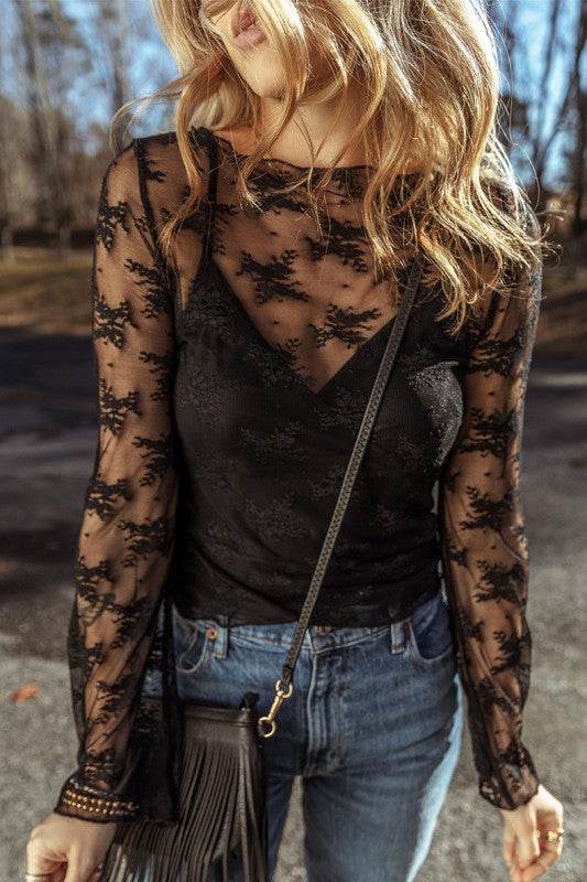 Lace Mesh Crochet Splicing Slim Long Sleeve Blouse
