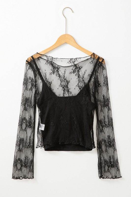 Lace Mesh Crochet Splicing Slim Long Sleeve Blouse