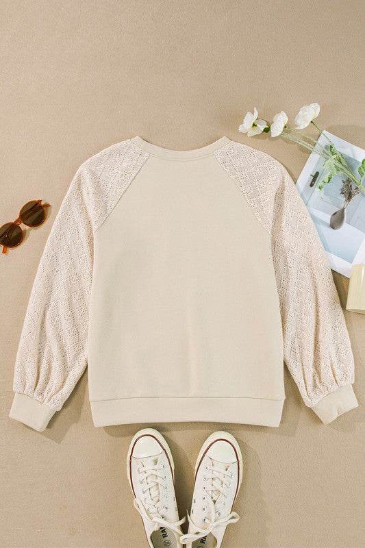 Eyelet Knit Patchwork Raglan Sleeve Pullover Top