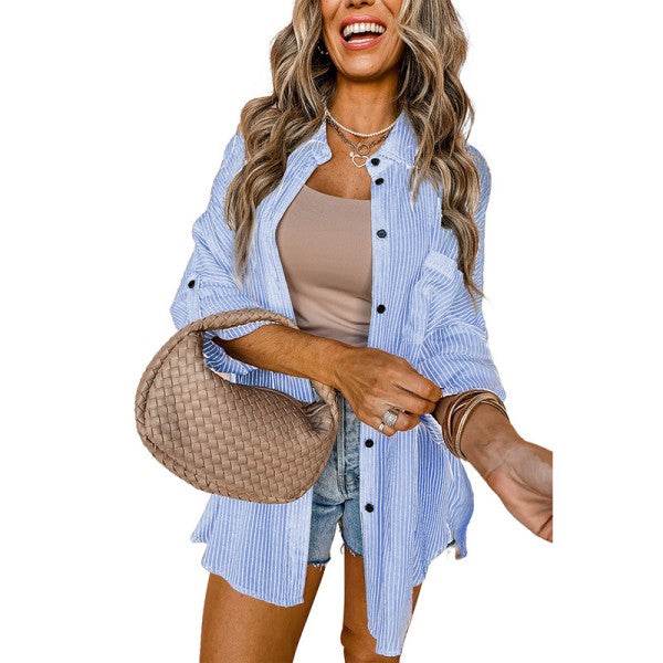 Stripe Roll-tab Sleeve Pocketed Long Shirt