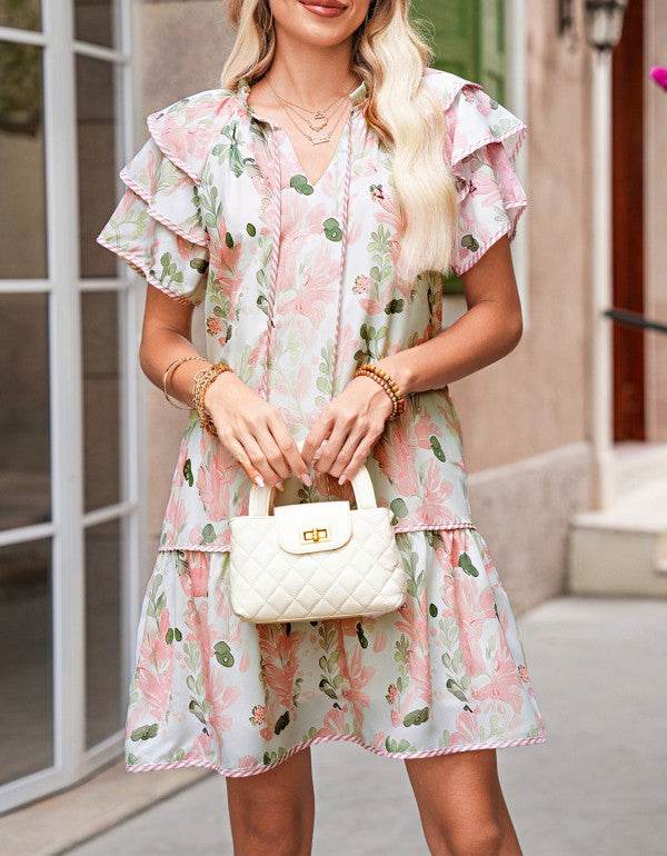 Pink Floral Contrast Edge Ruffle Tiered Dress