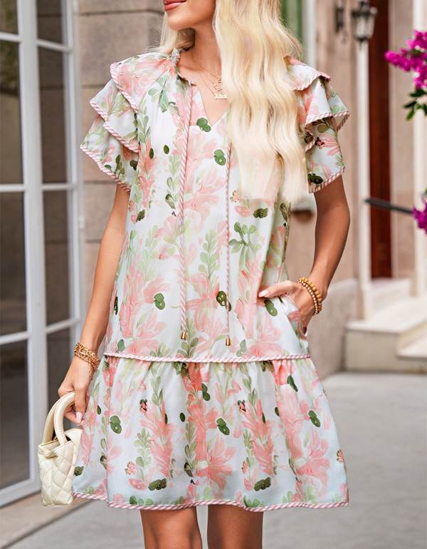 Pink Floral Contrast Edge Ruffle Tiered Dress