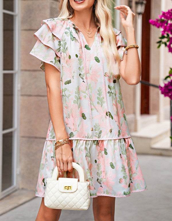 Pink Floral Contrast Edge Ruffle Tiered Dress