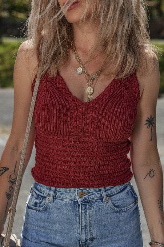 Burgundy Cable Knit Pointelle V Neck Sweater Vest