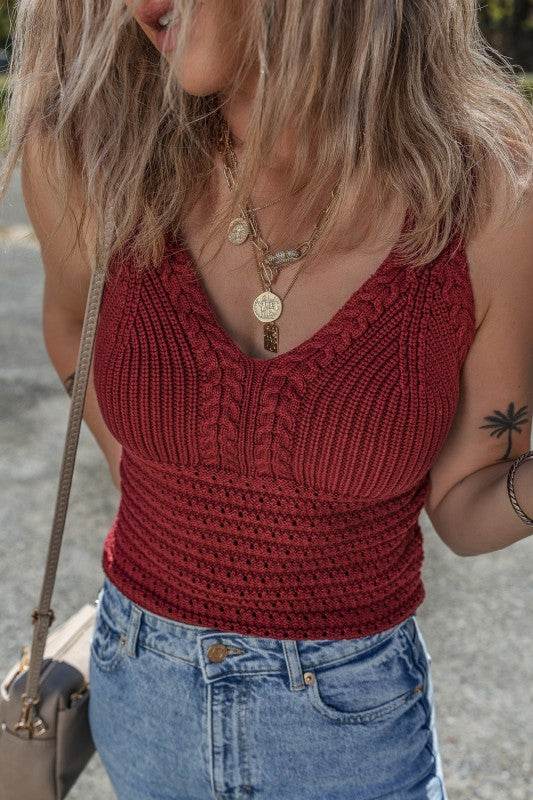 Burgundy Cable Knit Pointelle V Neck Sweater Vest